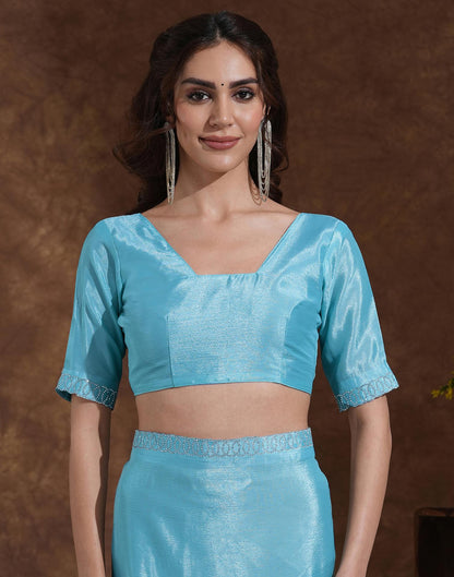 Sky Blue Chiffon Stone Work Embellished Saree