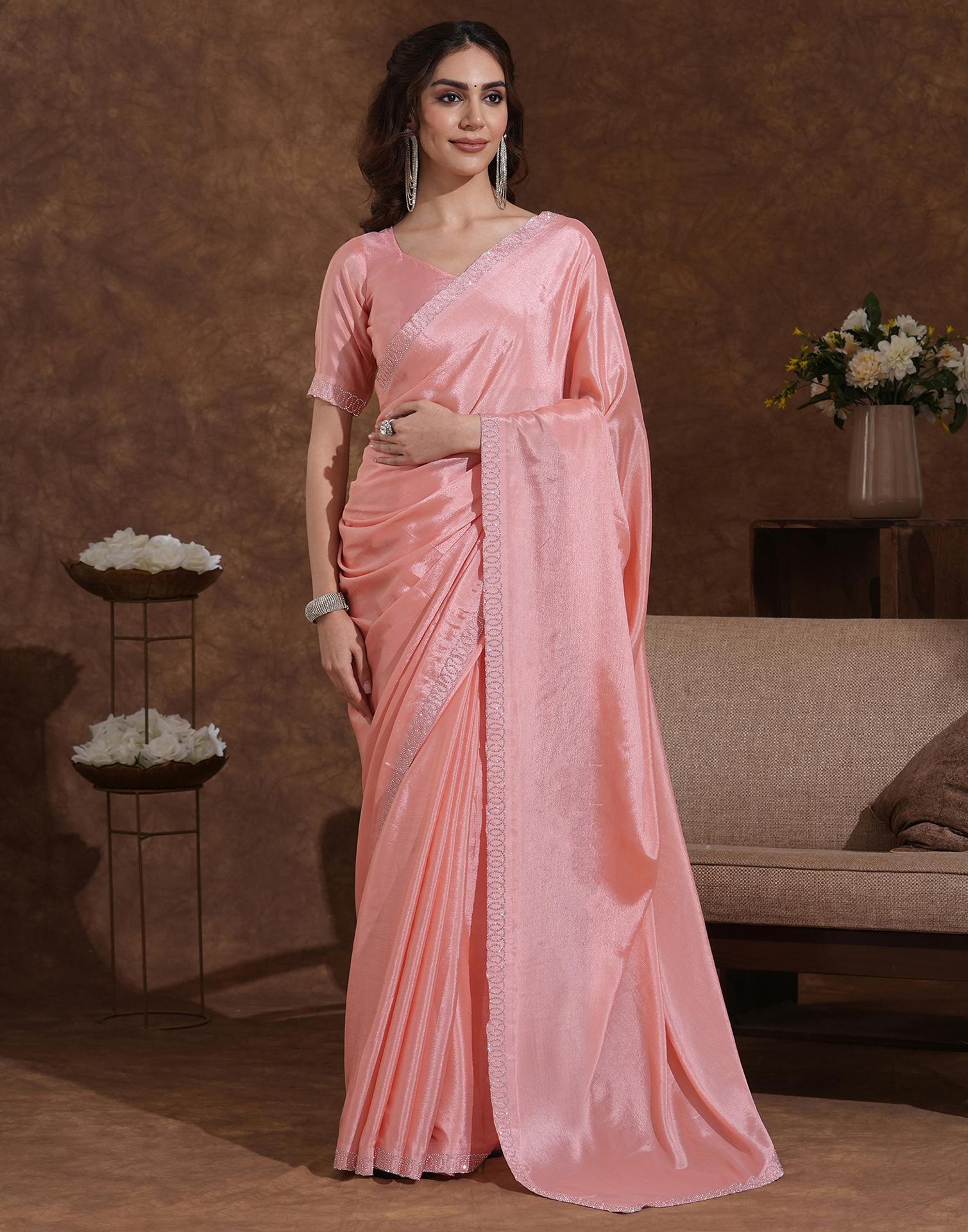 Light Peach Chiffon Stone Work Embellished Saree