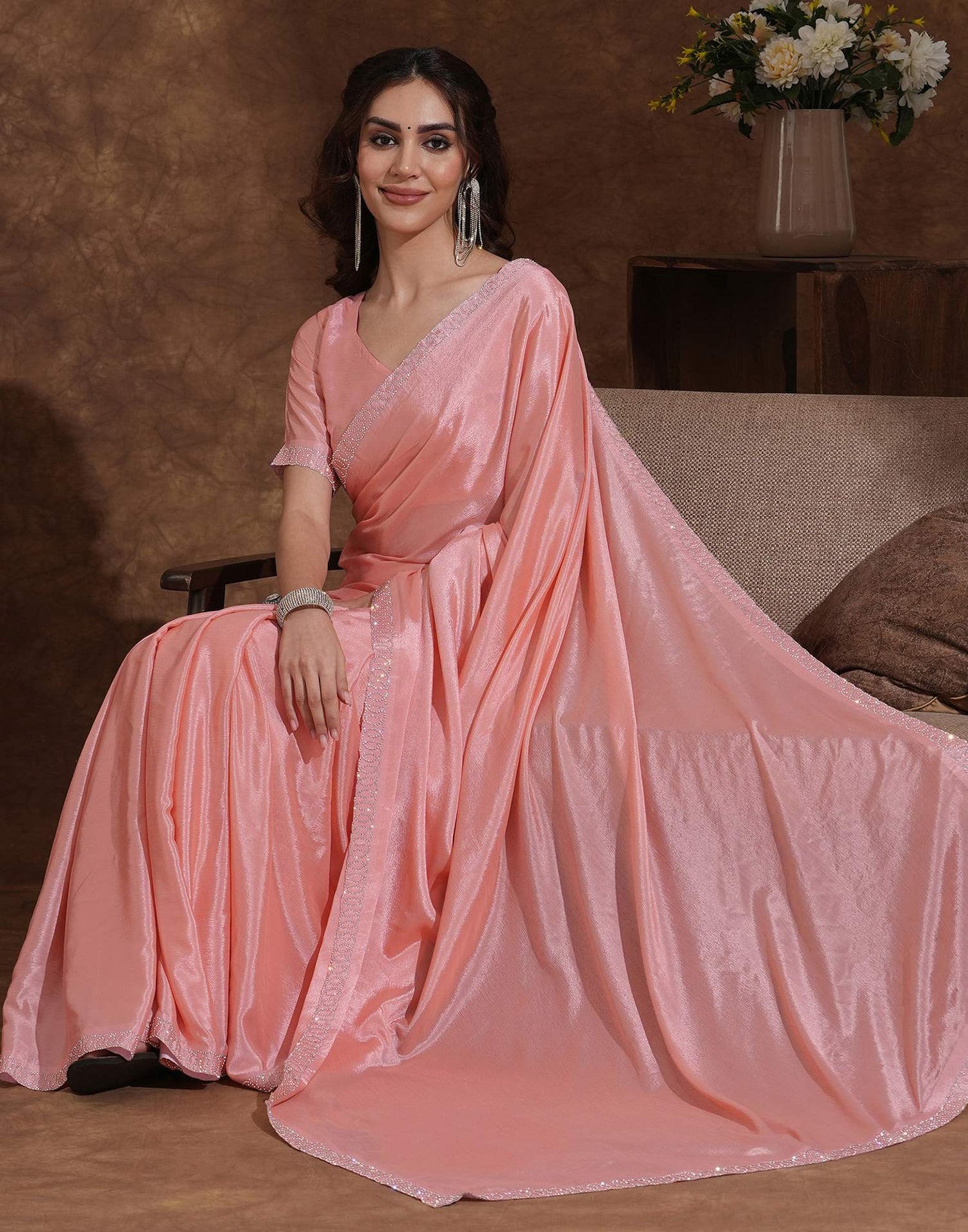 Light Peach Chiffon Stone Work Embellished Saree