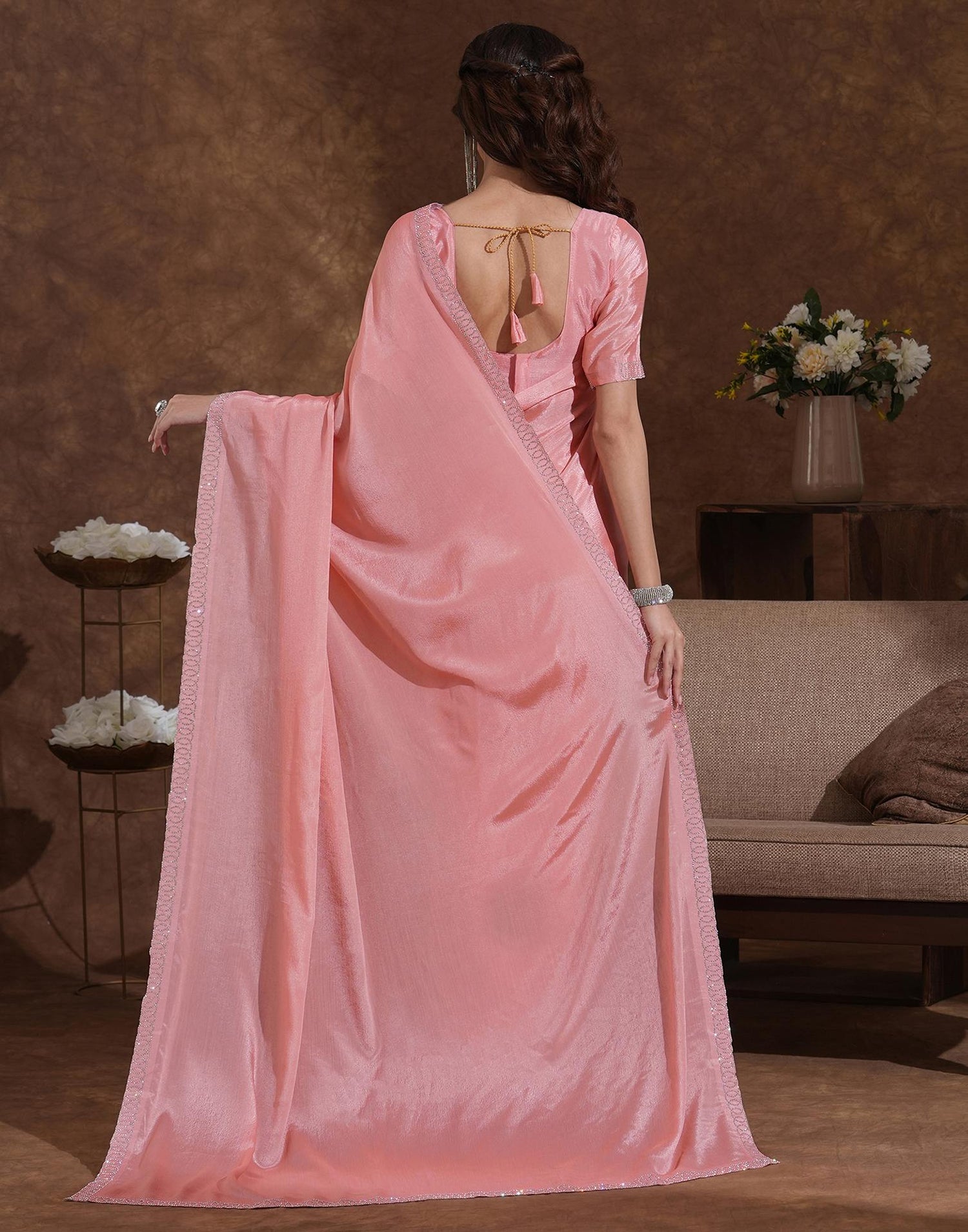 Light Peach Chiffon Stone Work Embellished Saree