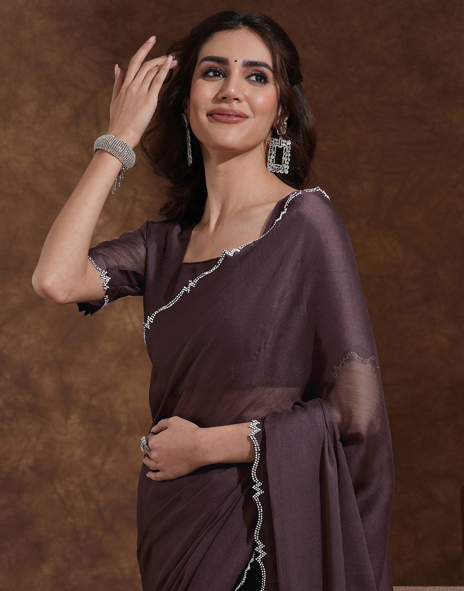 Brown Chiffon Stone Work Swarovski Saree
