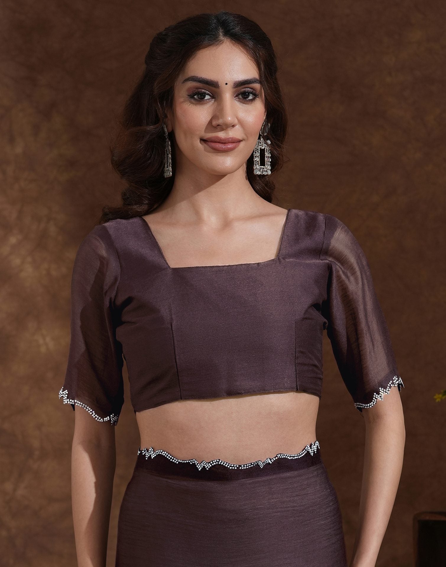 Brown Chiffon Stone Work Swarovski Saree