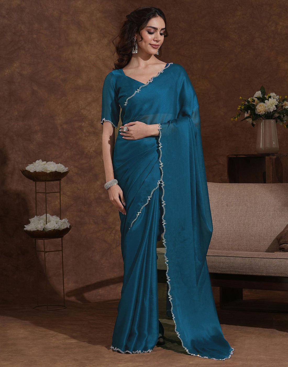 Rama Blue Chiffon Stone Work Swarovski Saree