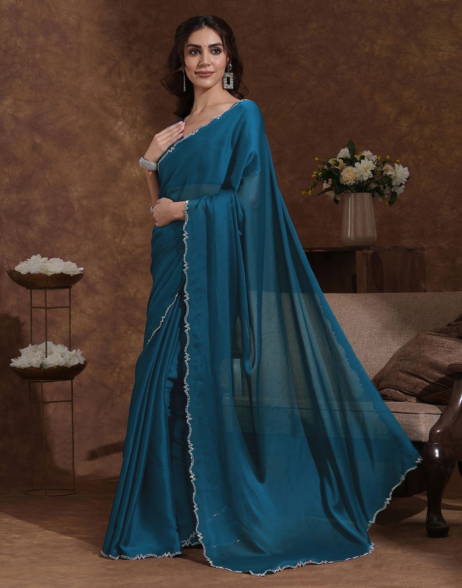 Rama Blue Chiffon Stone Work Swarovski Saree