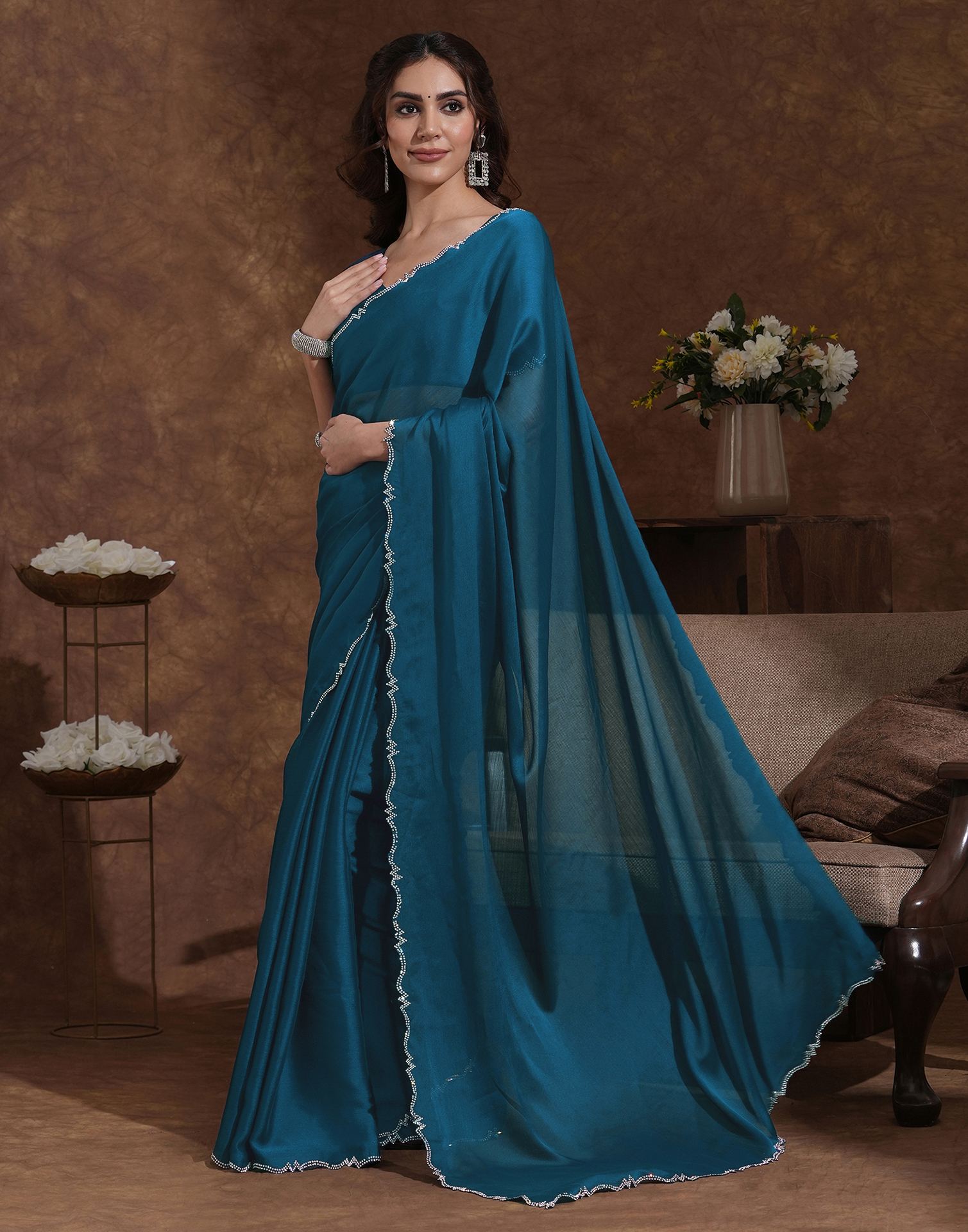 Rama Blue Chiffon Stone Work Swarovski Saree