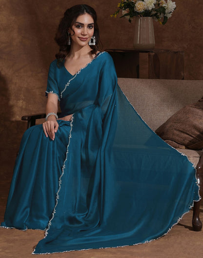Rama Blue Chiffon Stone Work Swarovski Saree
