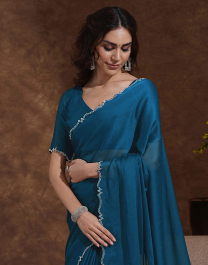 Rama Blue Chiffon Stone Work Swarovski Saree