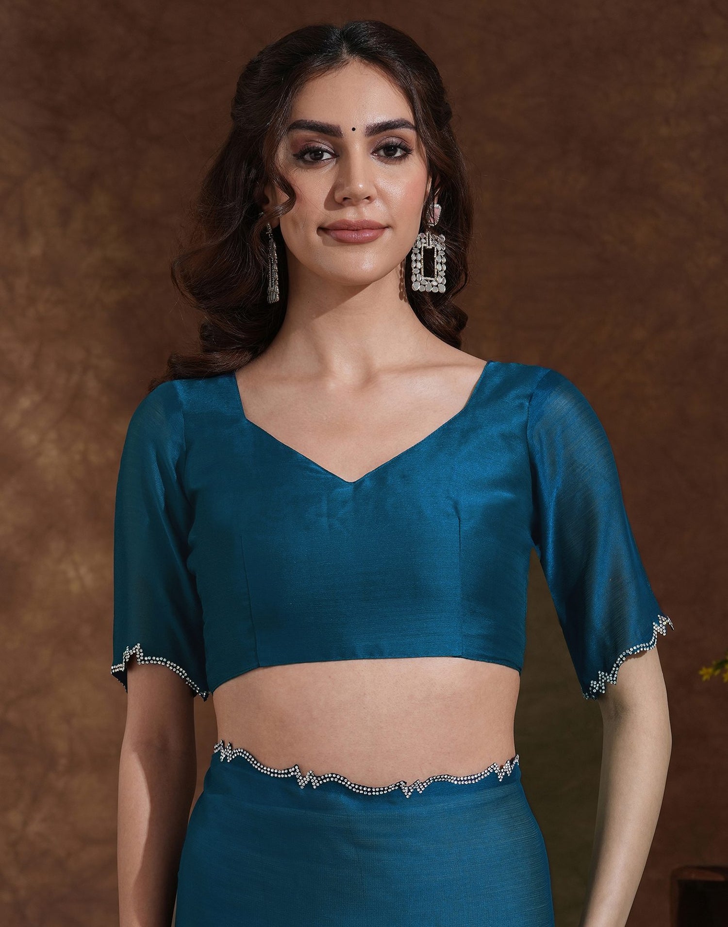 Rama Blue Chiffon Stone Work Swarovski Saree