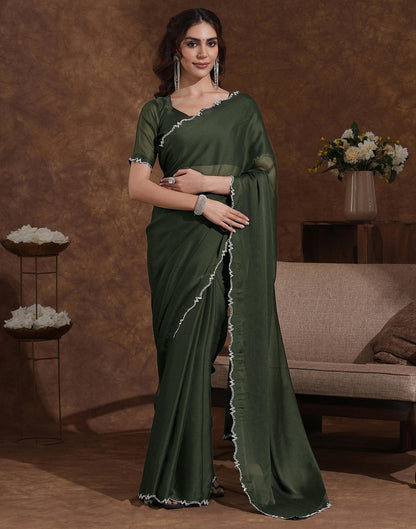 Bottle Green Chiffon Stone Work Swarovski Saree