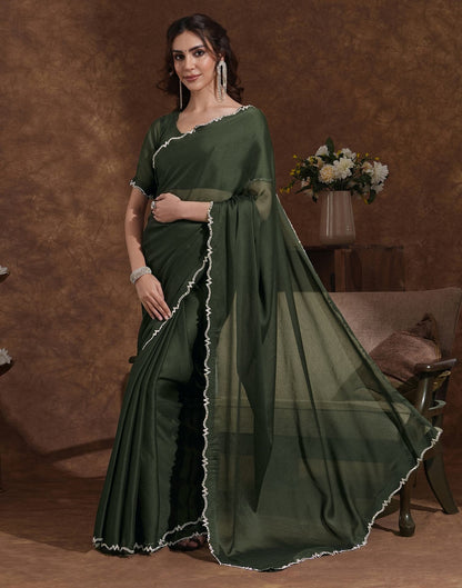 Bottle Green Chiffon Stone Work Swarovski Saree
