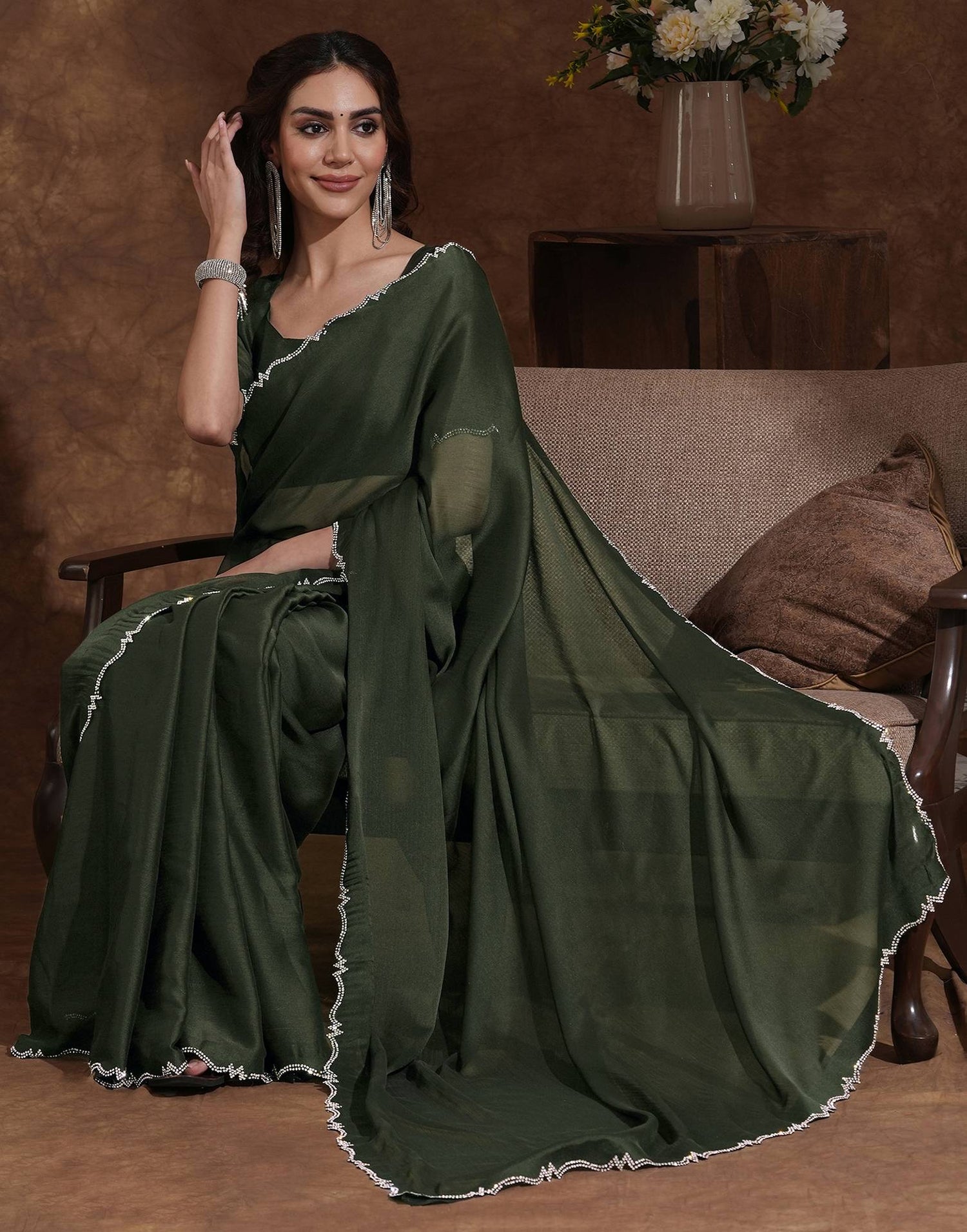 Bottle Green Chiffon Stone Work Swarovski Saree