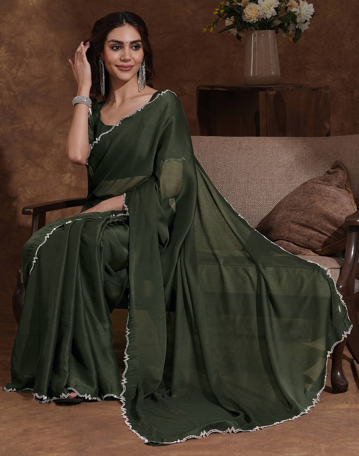Bottle Green Chiffon Stone Work Swarovski Saree