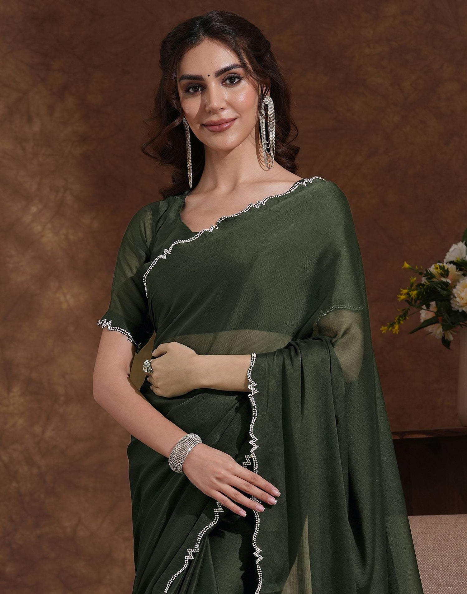 Bottle Green Chiffon Stone Work Swarovski Saree