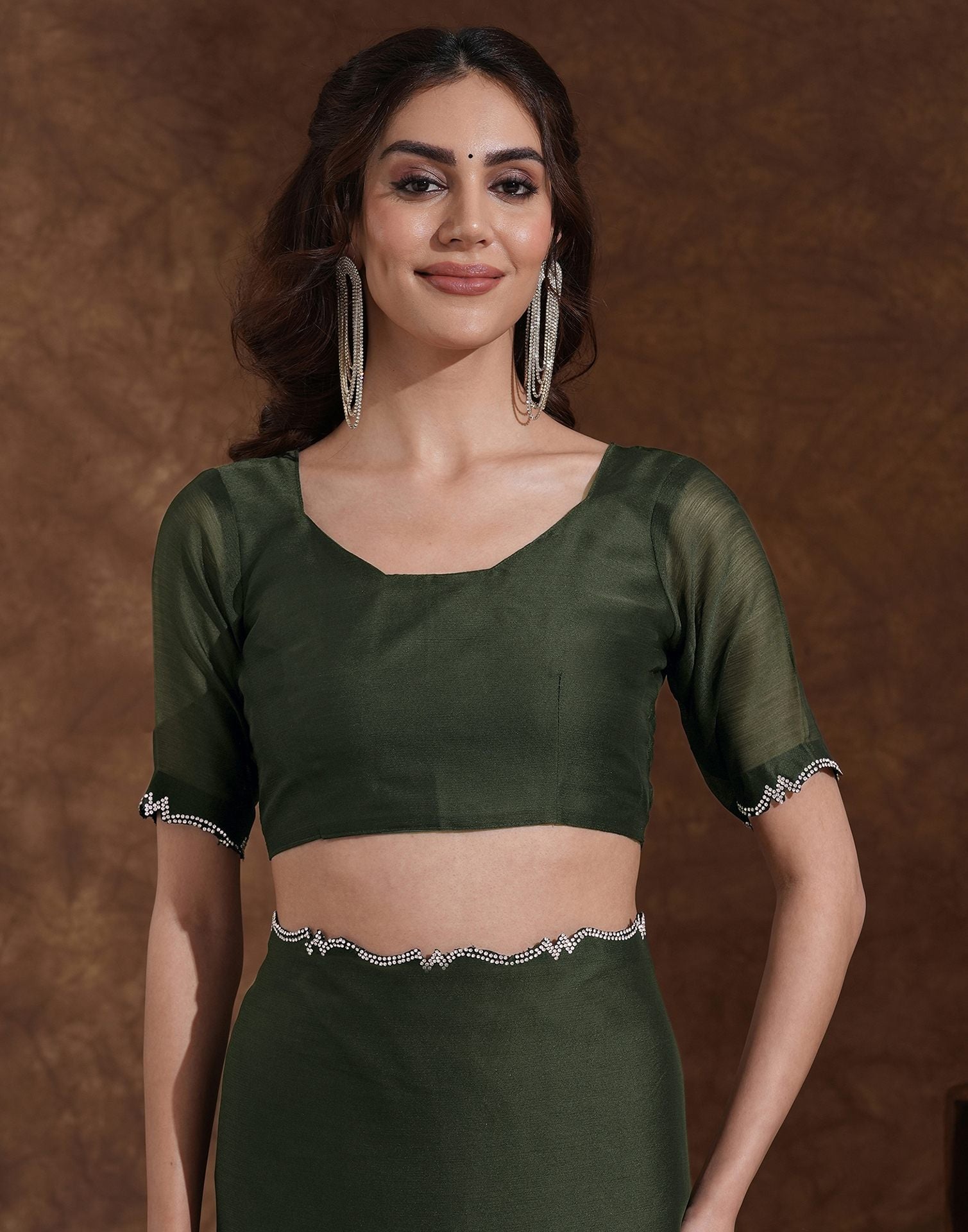 Bottle Green Chiffon Stone Work Swarovski Saree