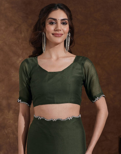 Bottle Green Chiffon Stone Work Swarovski Saree