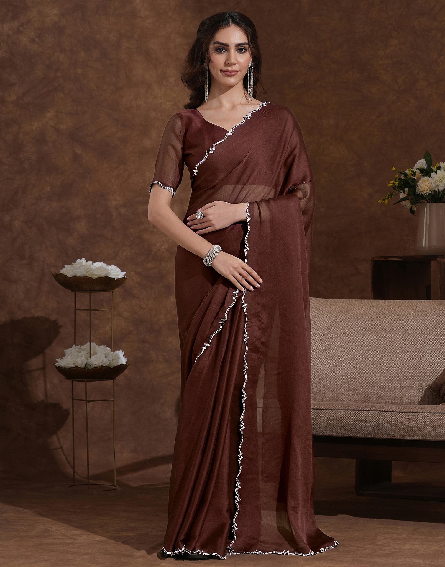 Coffee Brown Chiffon Stone Work Swarovski Saree