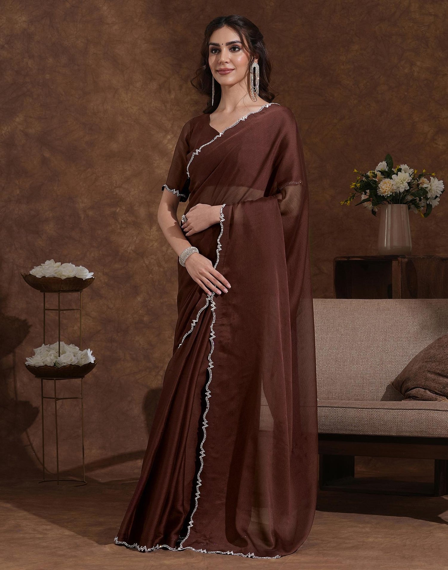 Coffee Brown Chiffon Stone Work Swarovski Saree