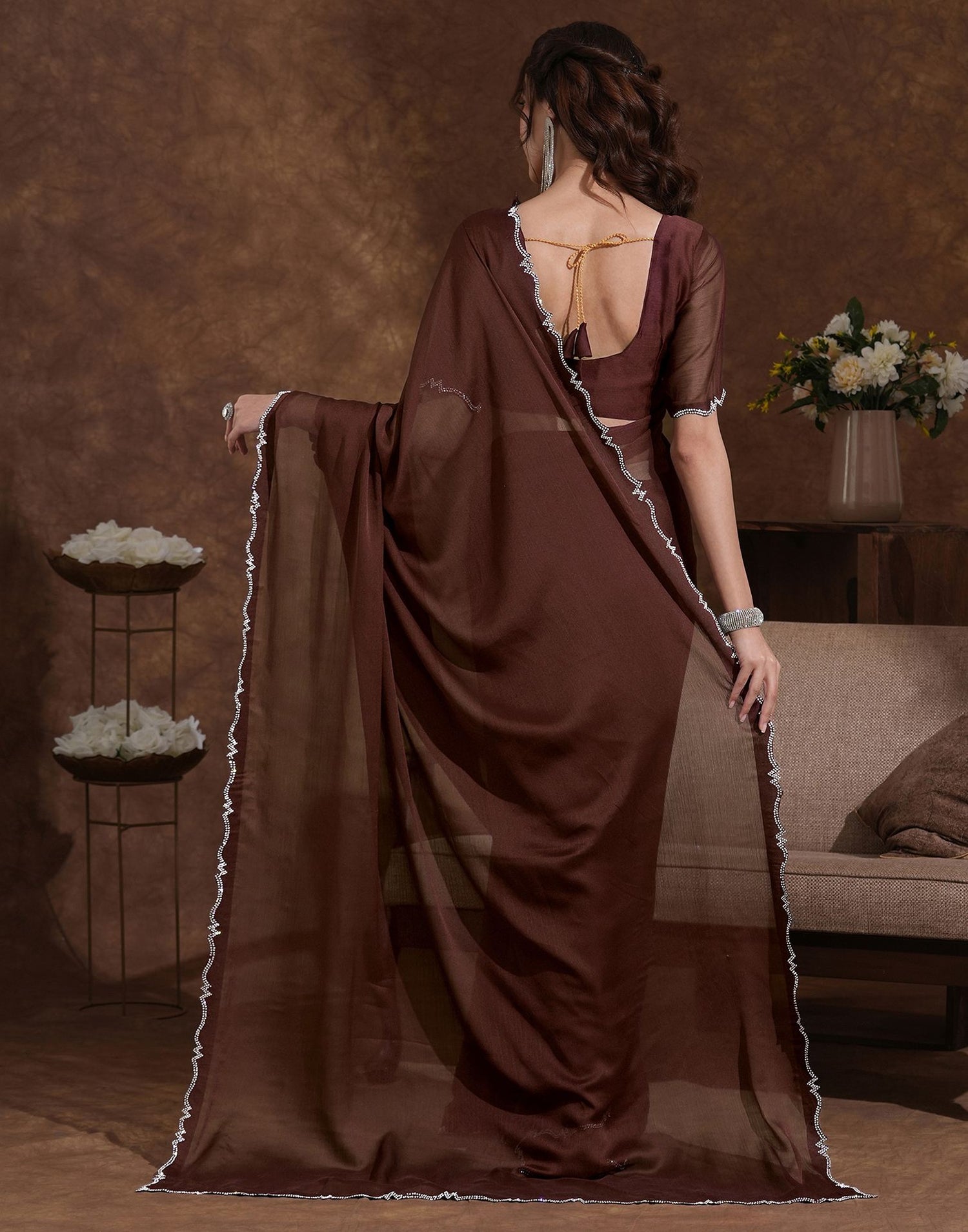 Coffee Brown Chiffon Stone Work Swarovski Saree