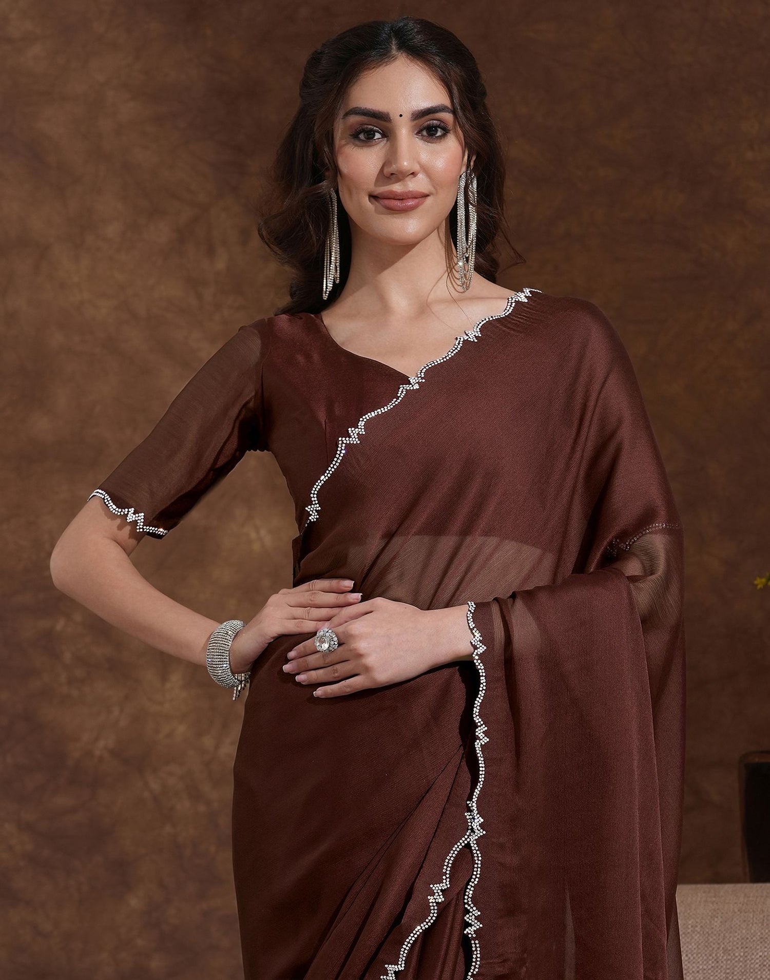 Coffee Brown Chiffon Stone Work Swarovski Saree