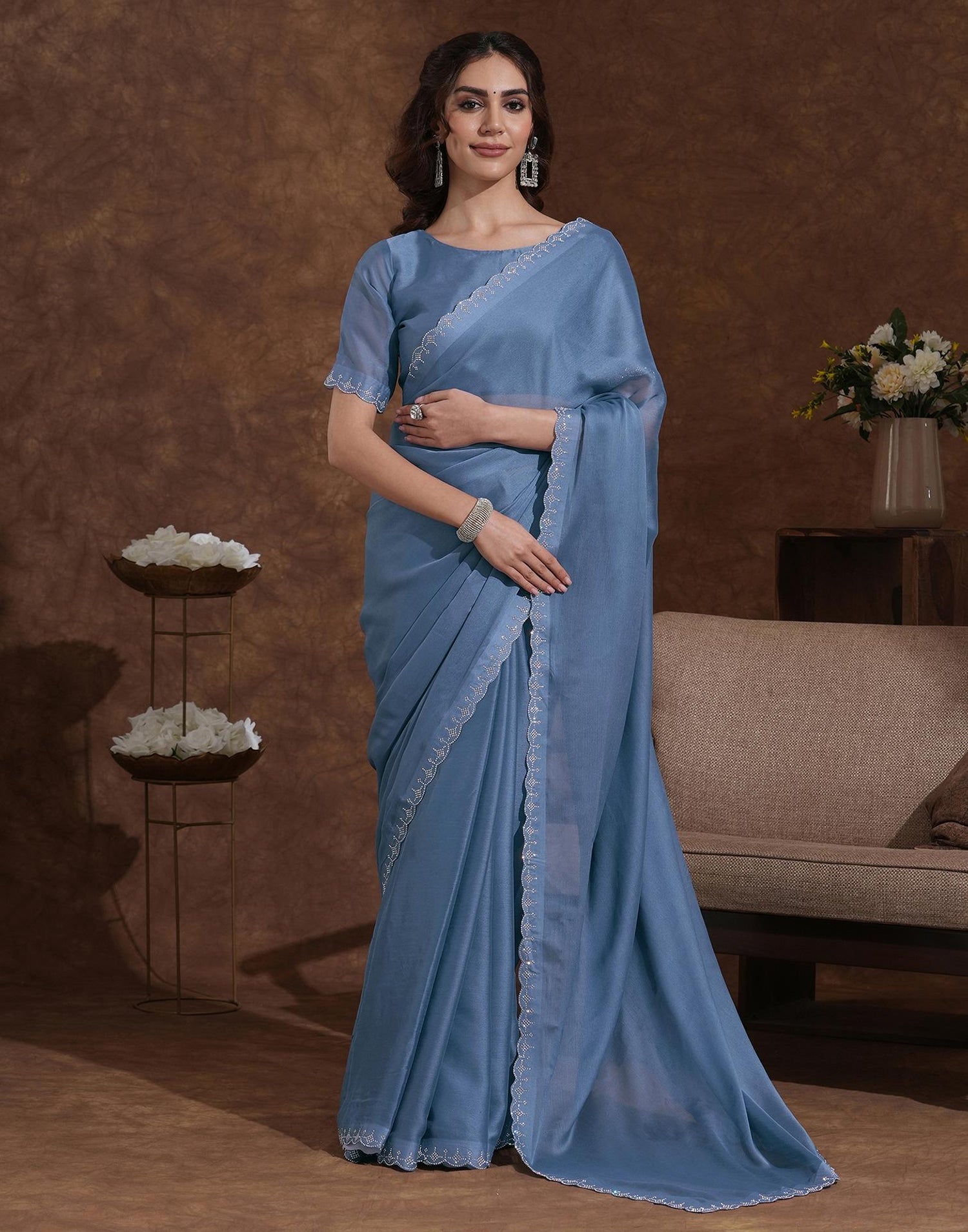 Grey Chiffon Stone Work Swarovski Saree