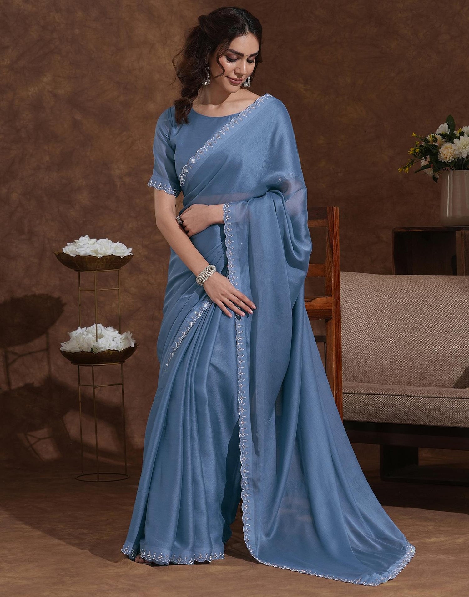 Grey Chiffon Stone Work Swarovski Saree