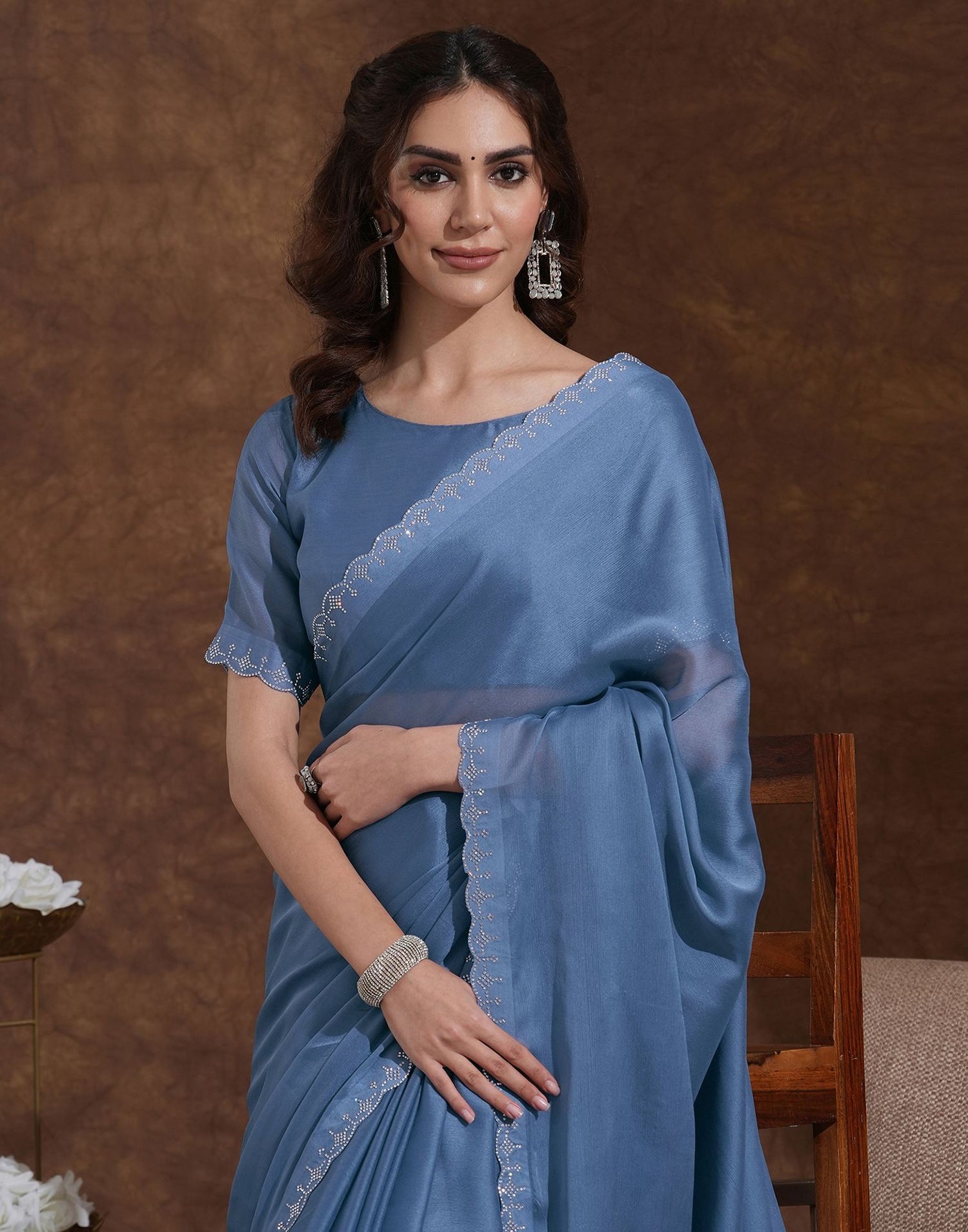 Grey Chiffon Stone Work Swarovski Saree