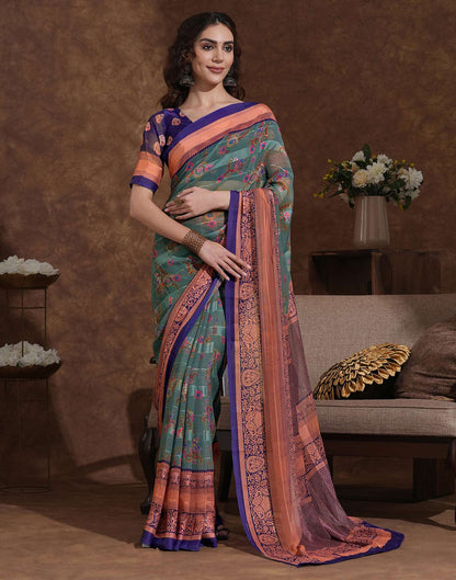 Dusty Teal Green Georgette Woven Printed Saree
