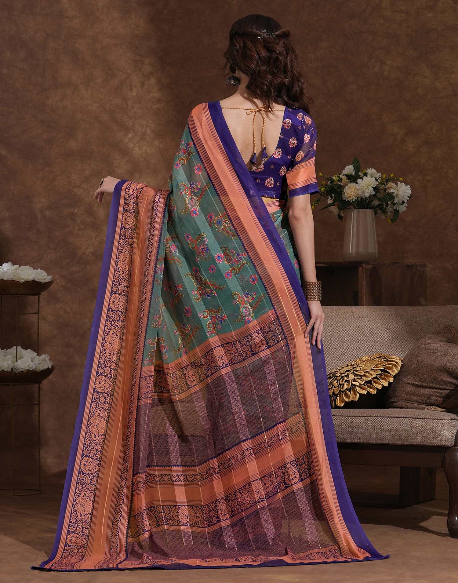 Dusty Teal Green Georgette Woven Printed Saree