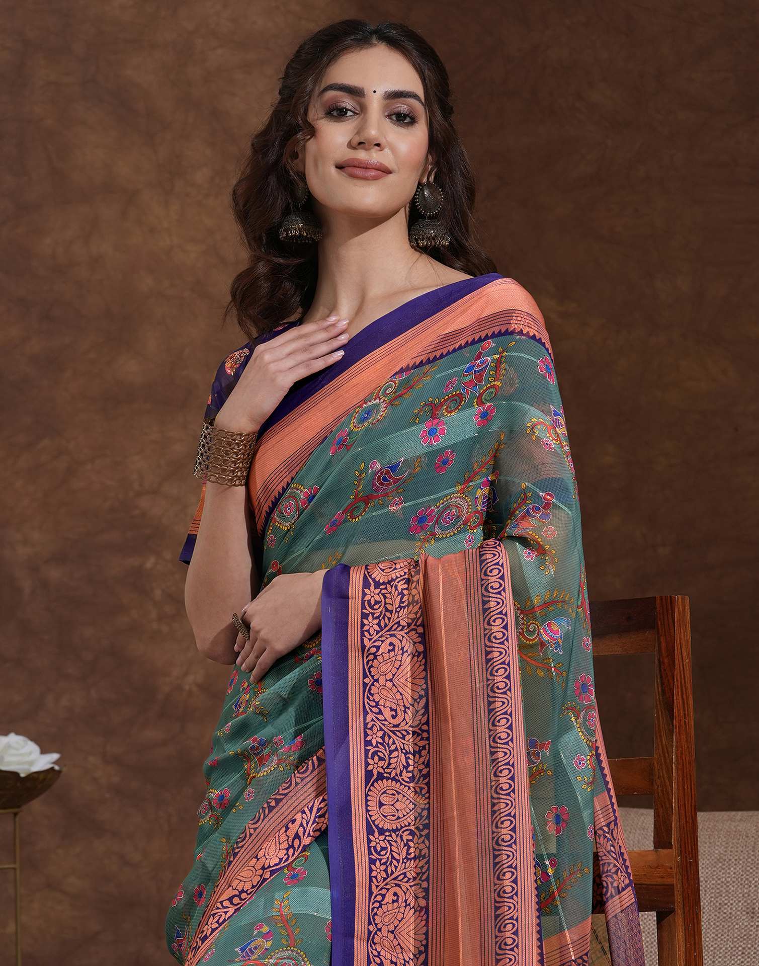 Dusty Teal Green Georgette Woven Printed Saree