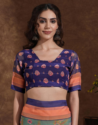 Dusty Teal Green Georgette Woven Printed Saree