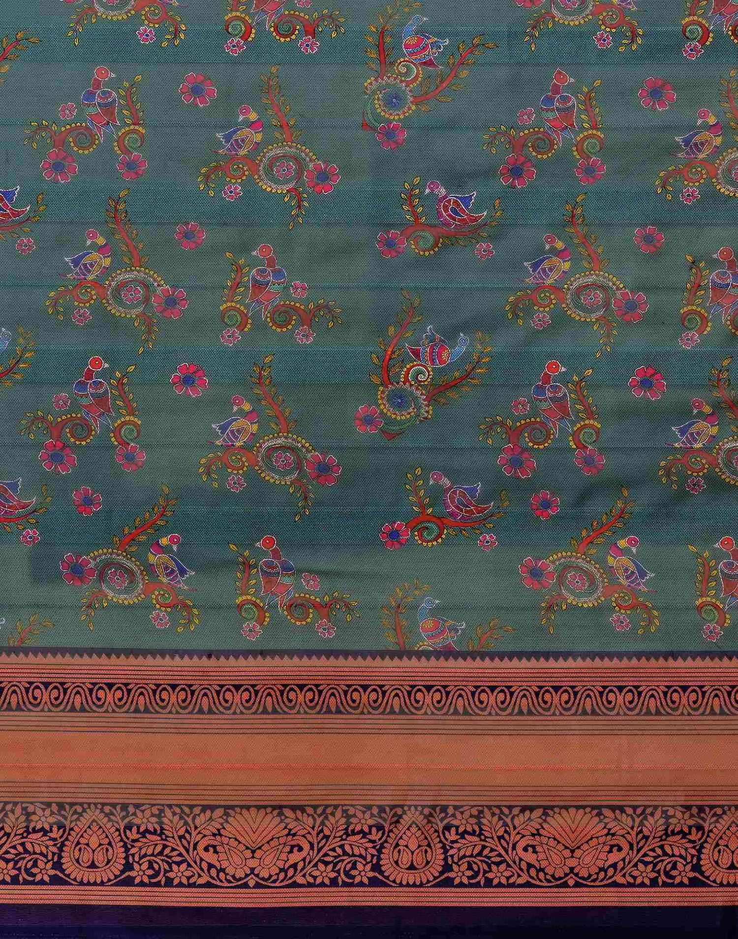 Dusty Teal Green Georgette Woven Printed Saree