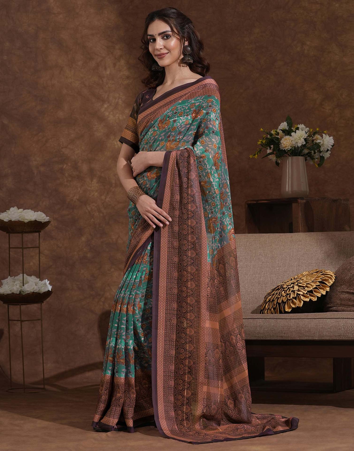 Light Green Georgette Woven Printed Saree