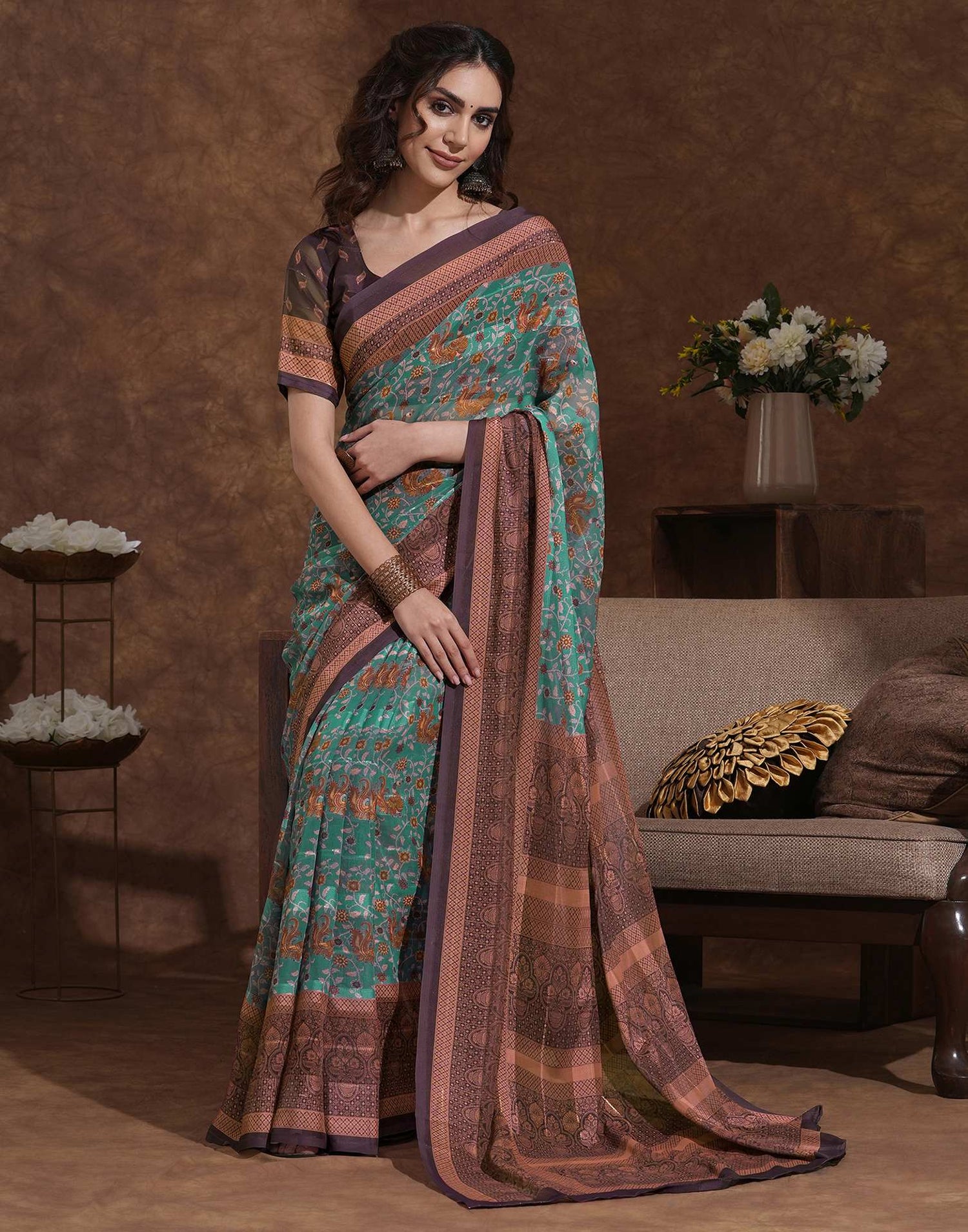 Light Green Georgette Woven Printed Saree