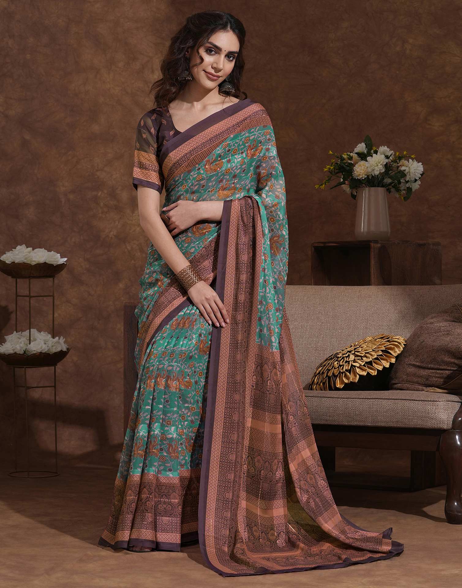 Light Green Georgette Woven Printed Saree