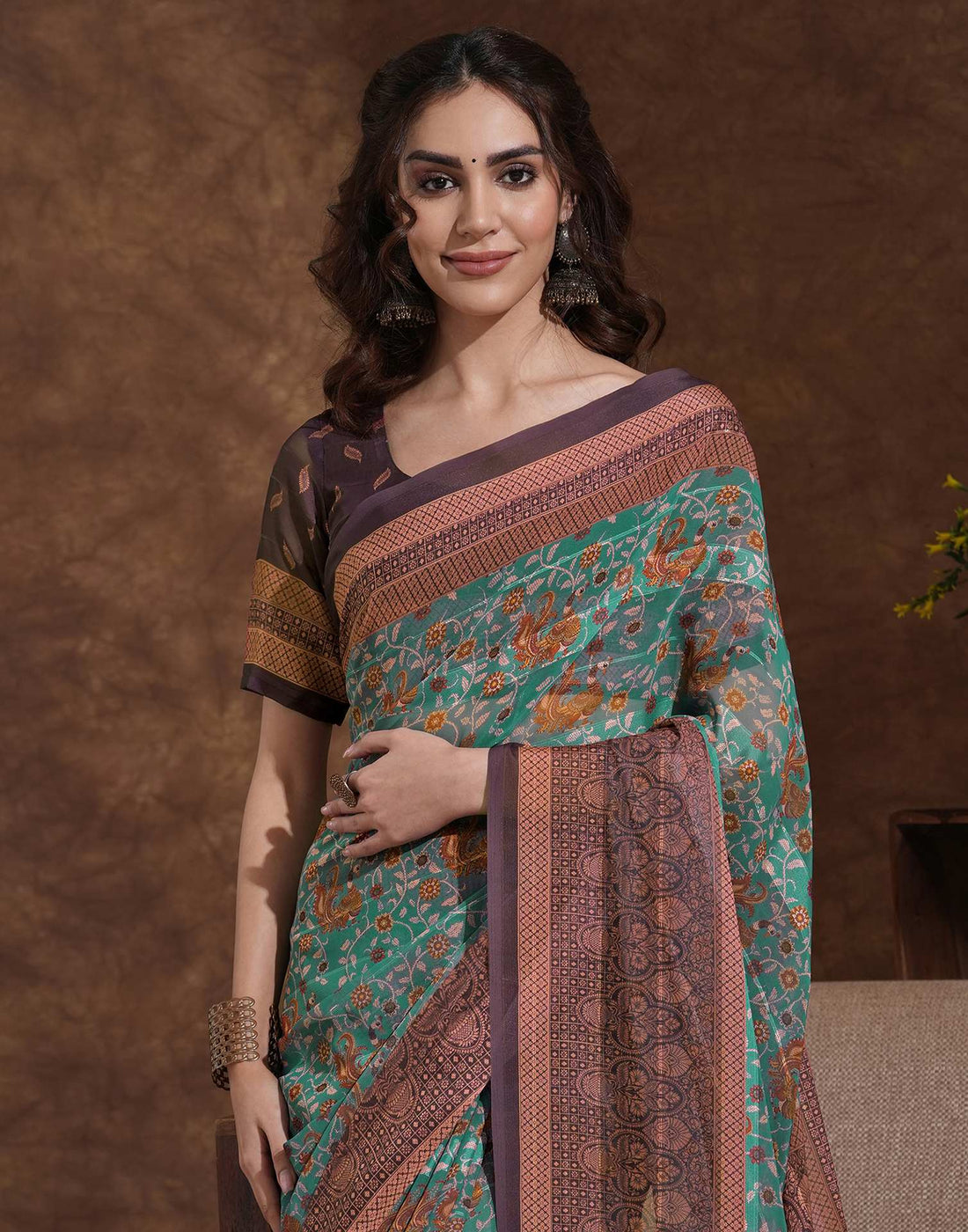 Light Green Georgette Woven Printed Saree