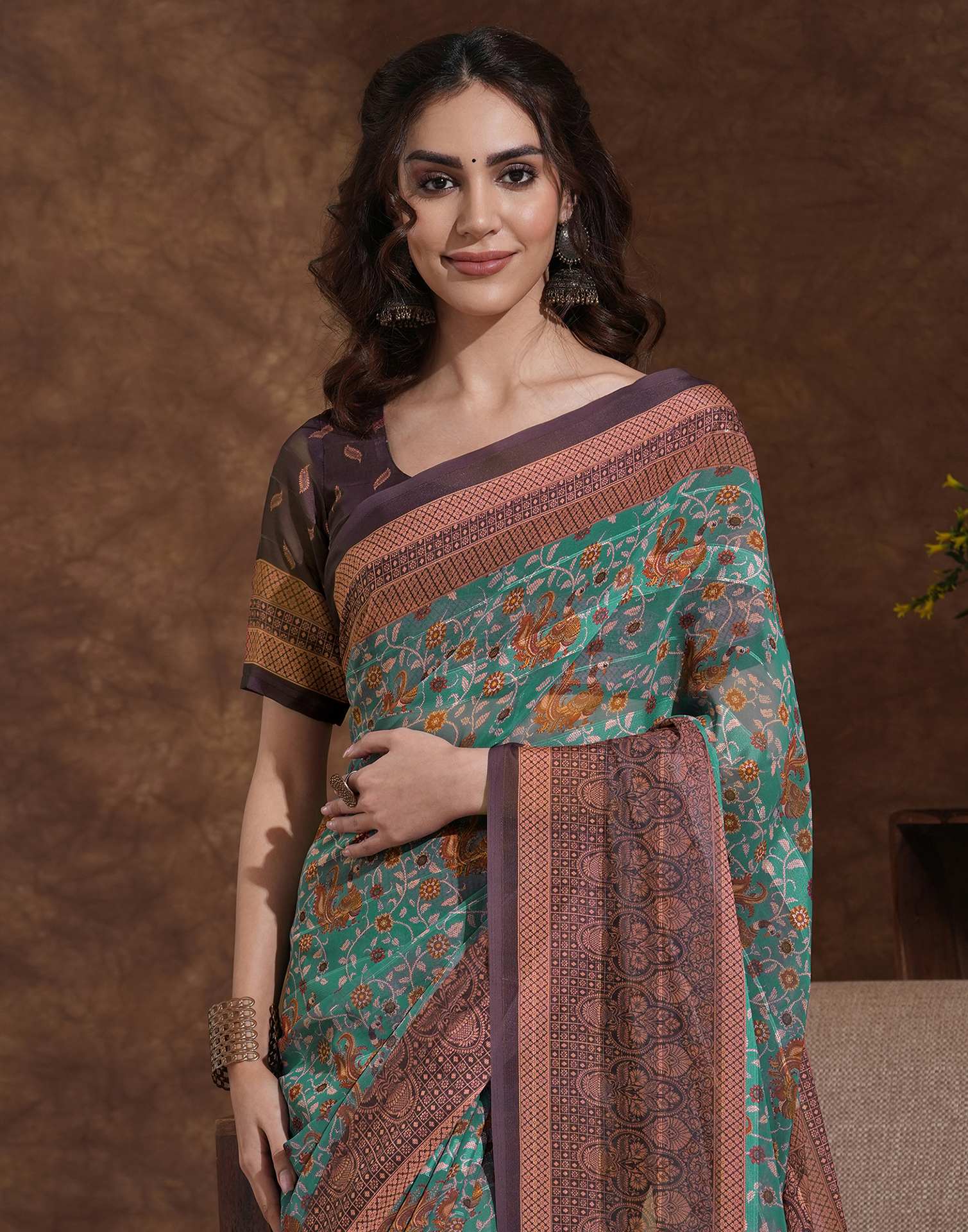 Light Green Georgette Woven Printed Saree