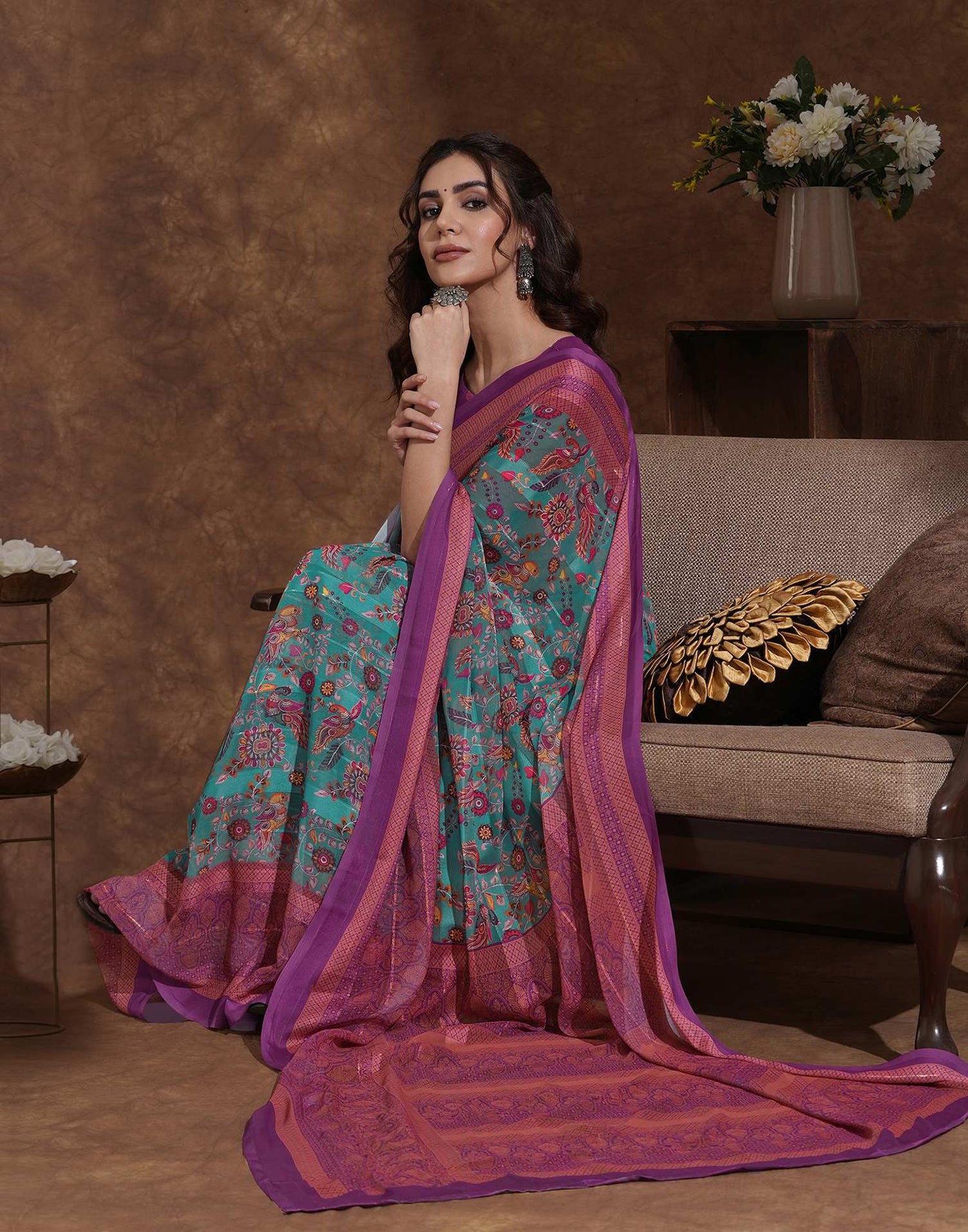 Dusty Teal Blue Georgette Woven Printed Saree