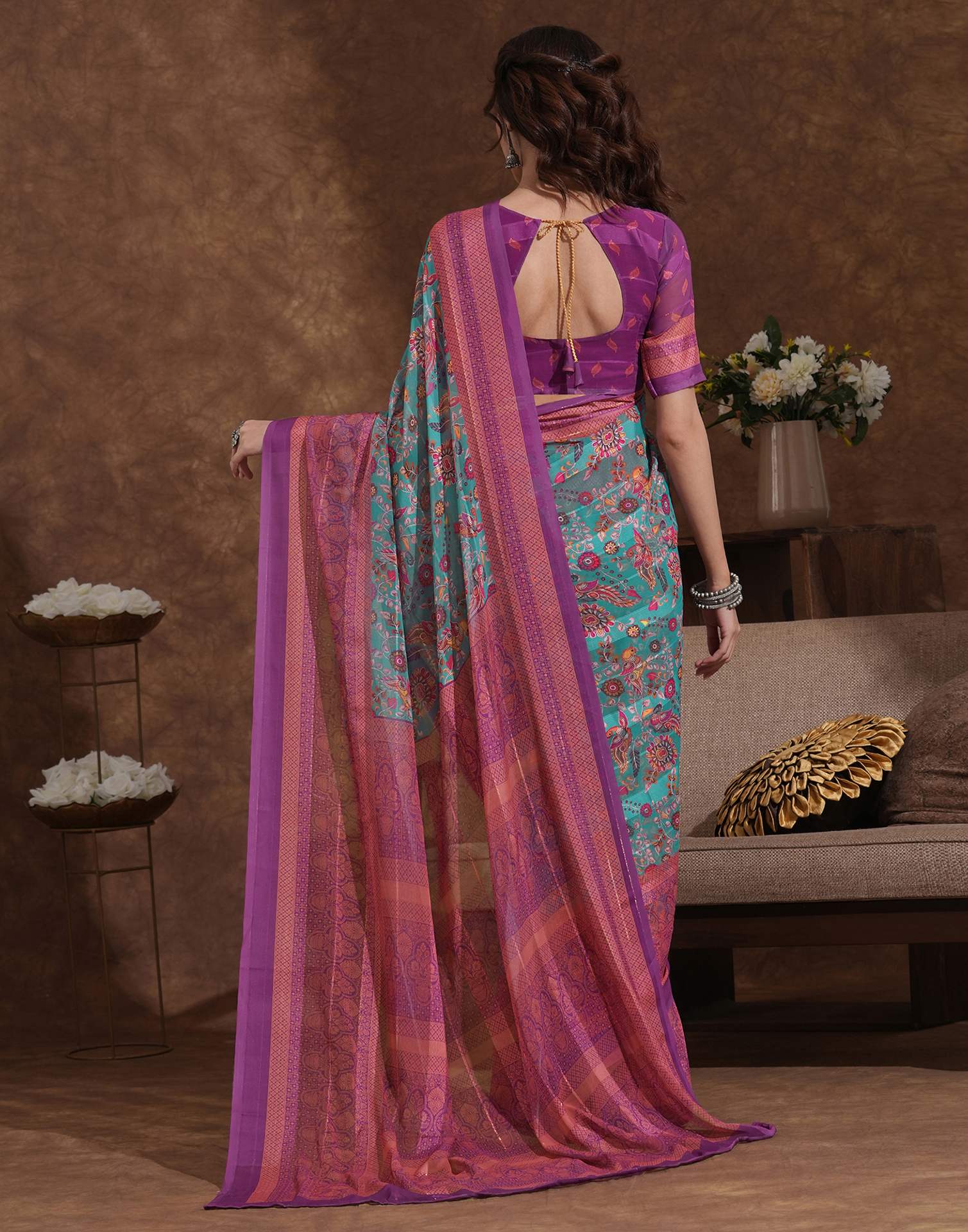 Dusty Teal Blue Georgette Woven Printed Saree
