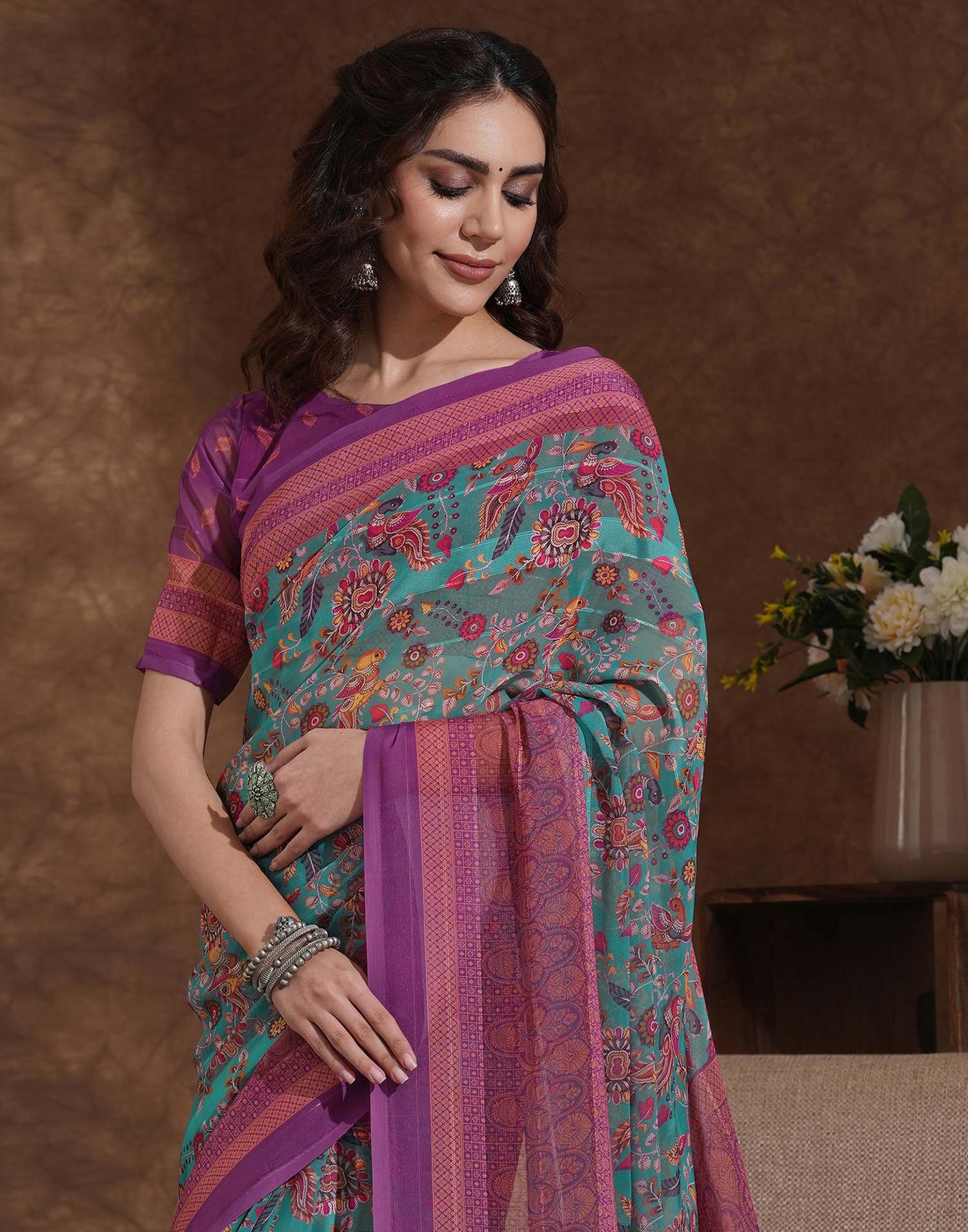 Dusty Teal Blue Georgette Woven Printed Saree