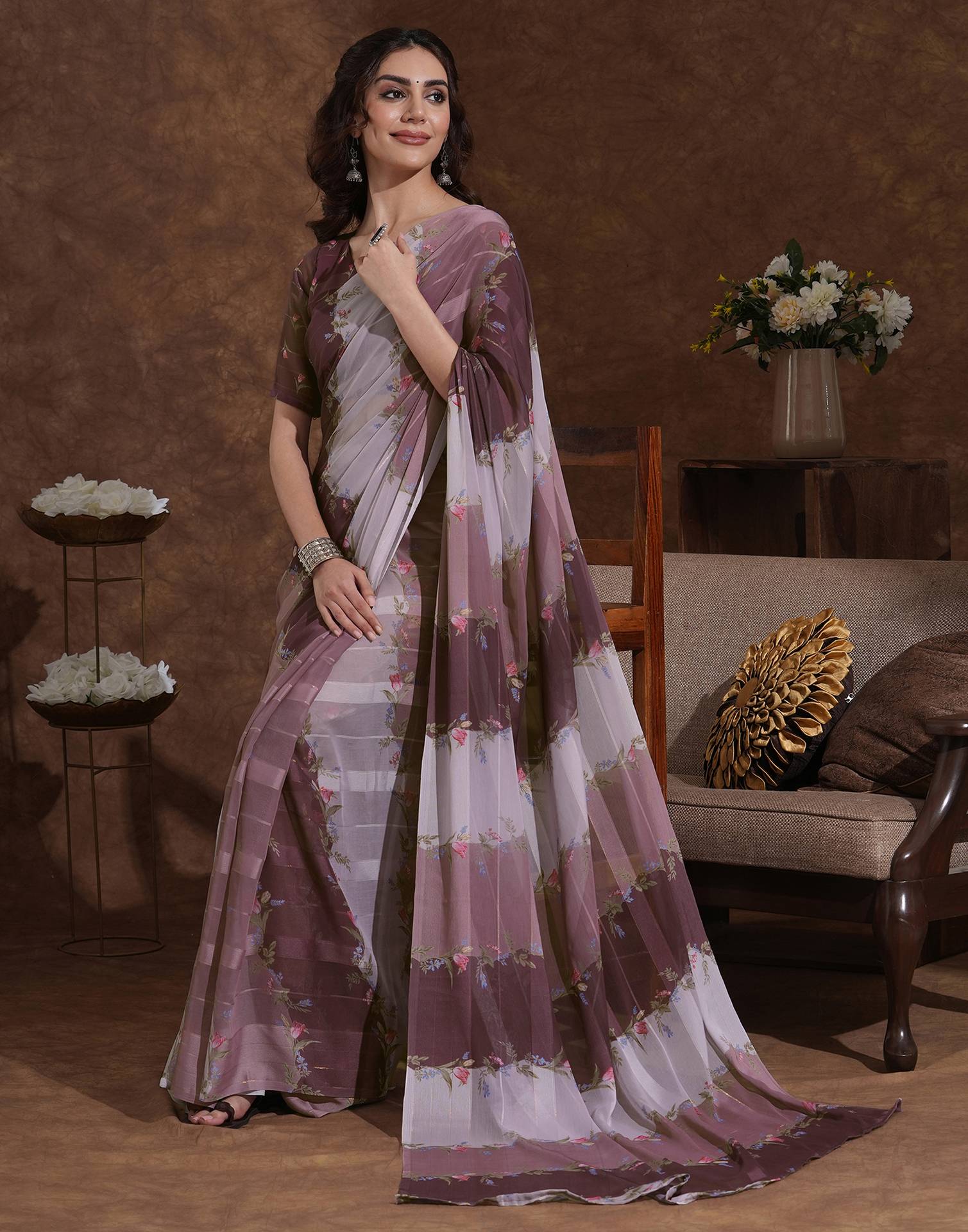 Mauve Georgette Woven Printed Saree