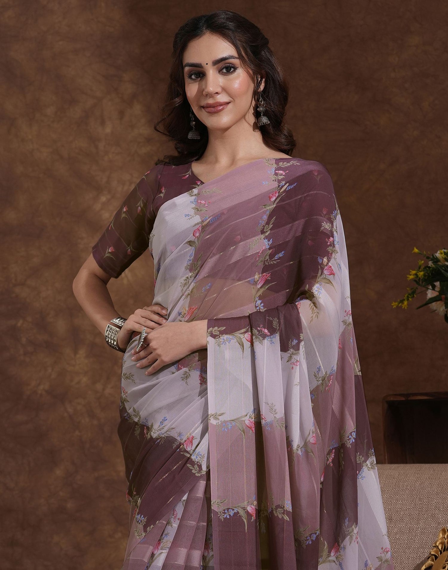 Mauve Georgette Woven Printed Saree