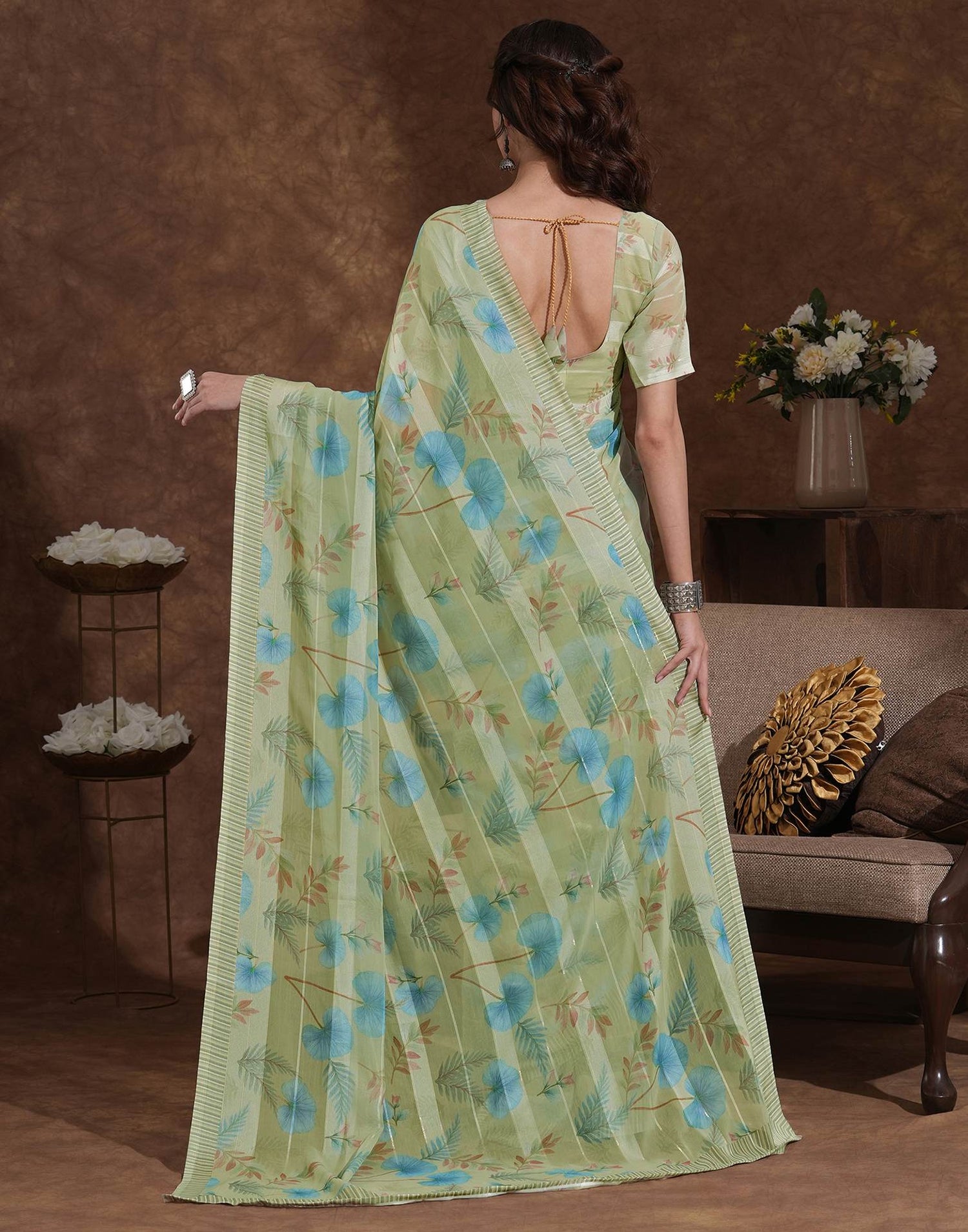 Pista Green Georgette Woven Printed Saree