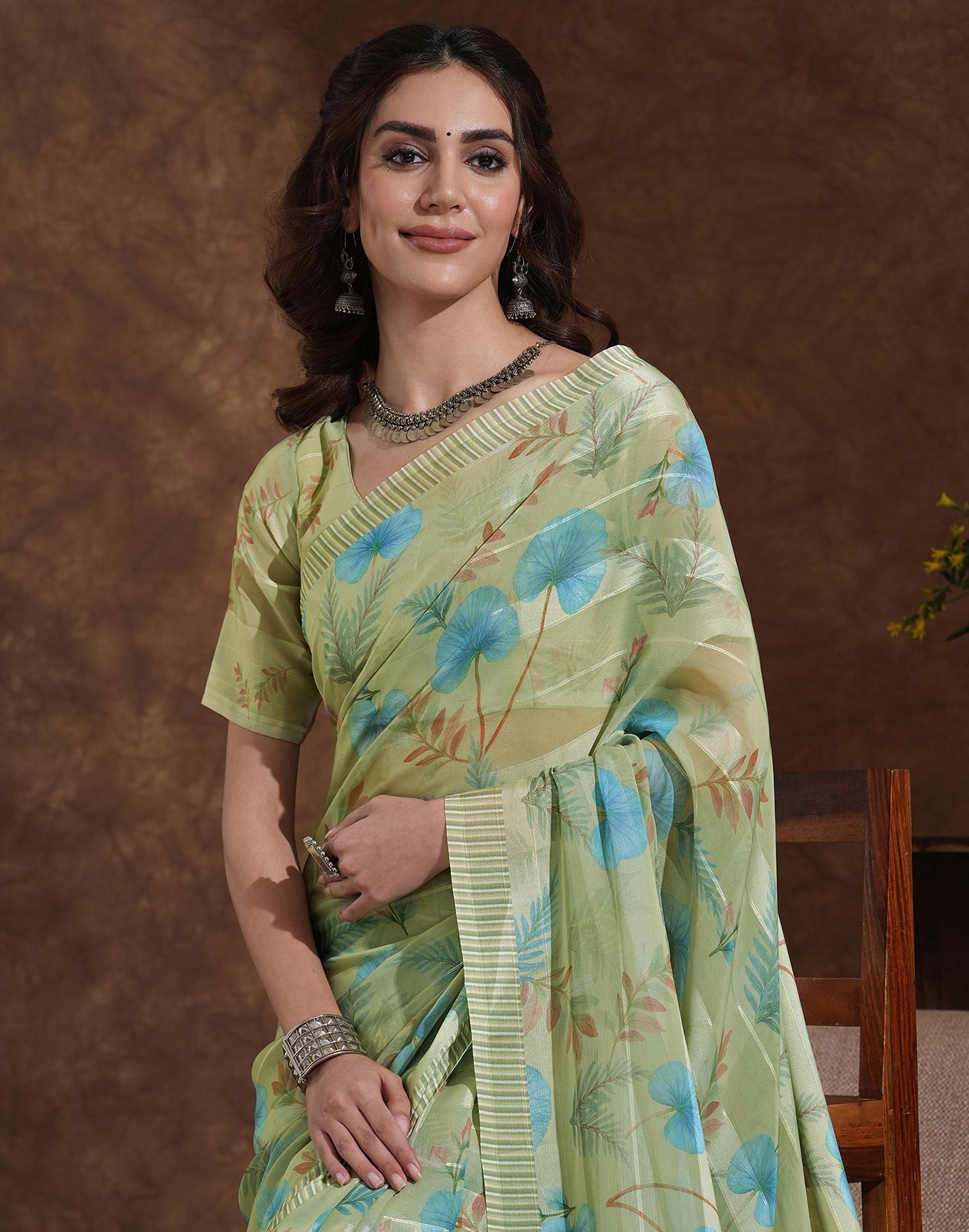 Pista Green Georgette Woven Printed Saree