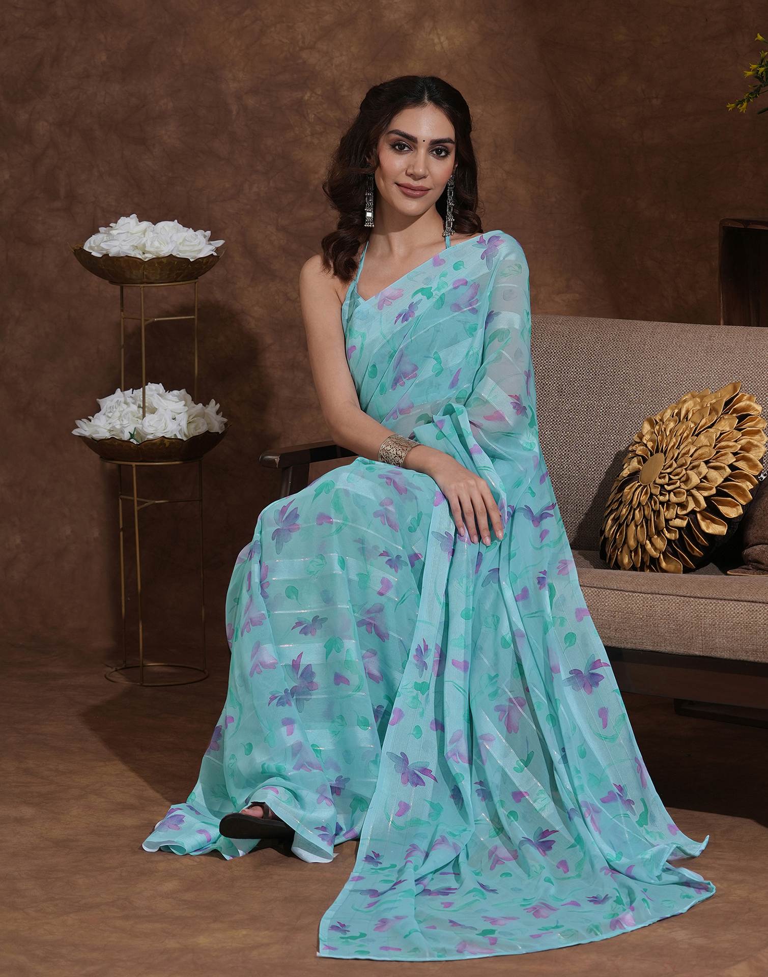 Light Turquoise Georgette Woven Printed Saree