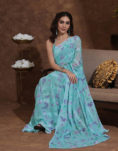 Light Turquoise Georgette Woven Printed Saree