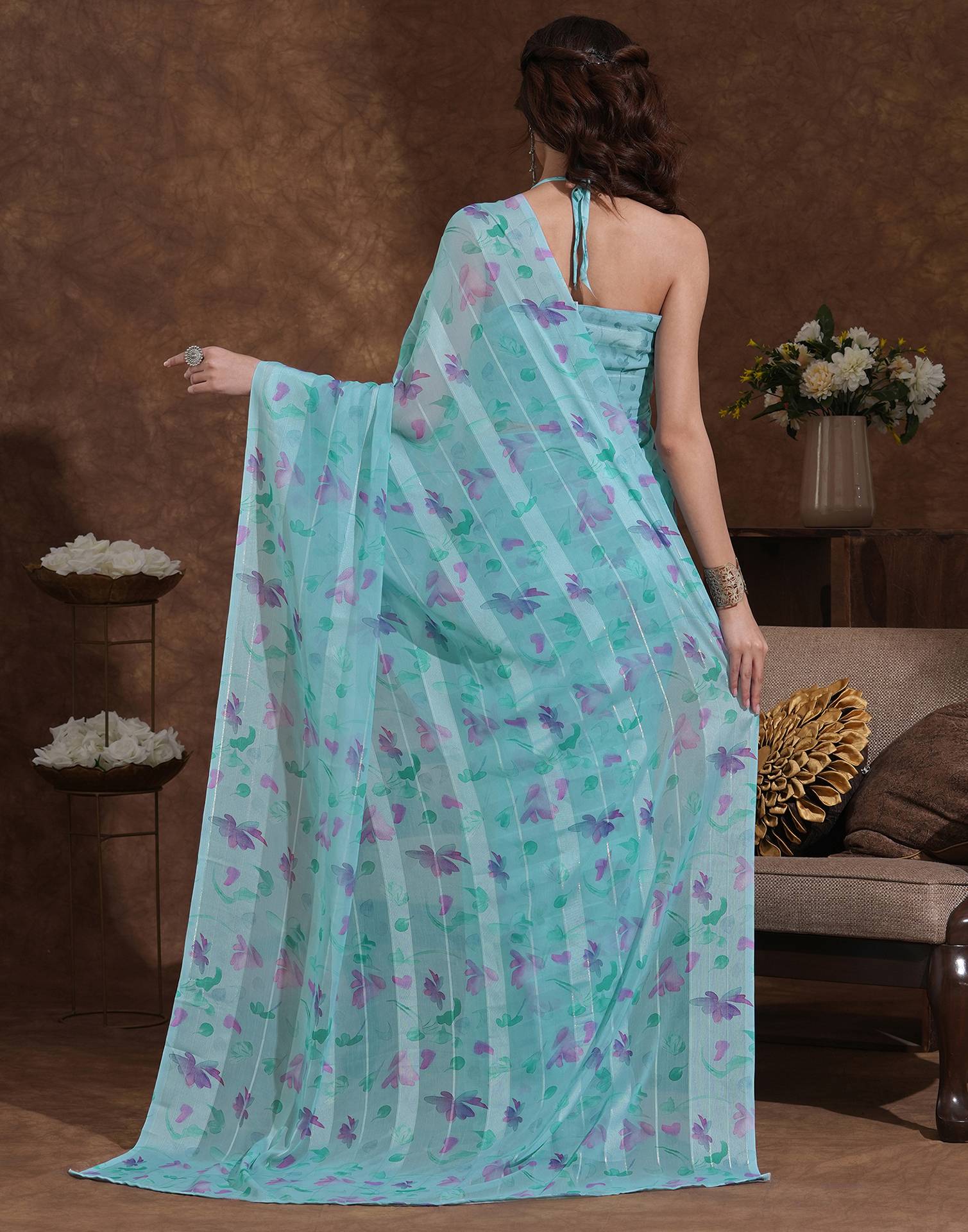 Light Turquoise Georgette Woven Printed Saree
