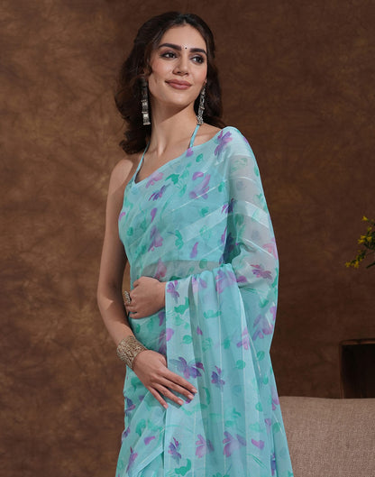 Light Turquoise Georgette Woven Printed Saree