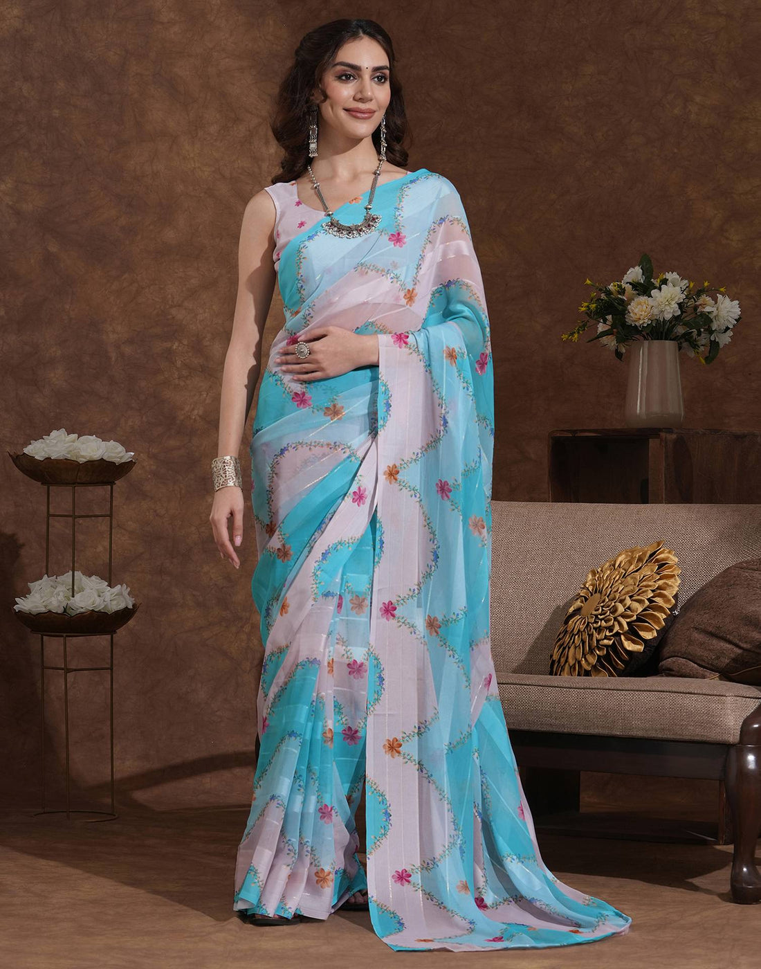 Beige Georgette Woven Printed Saree