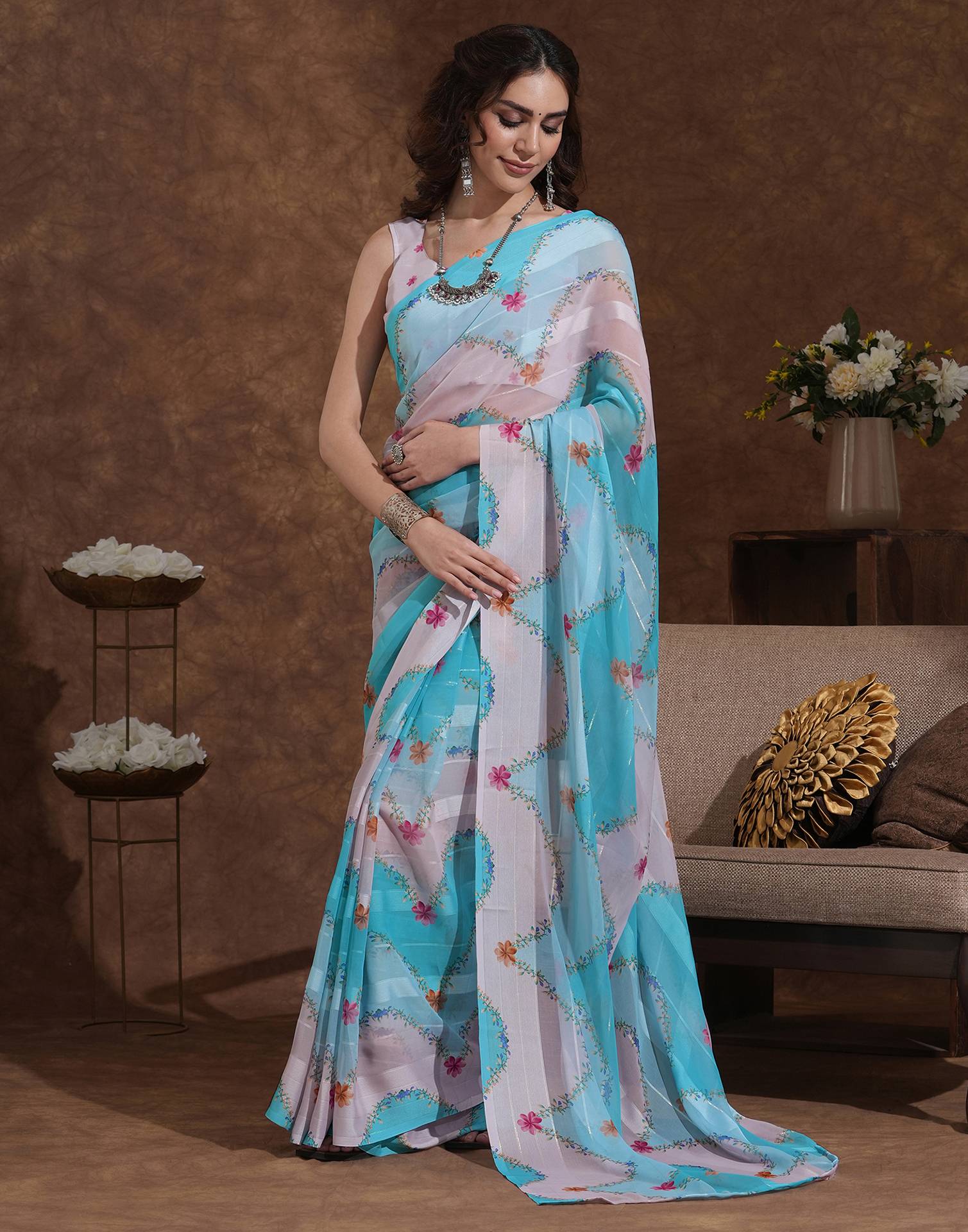 Beige Georgette Woven Printed Saree