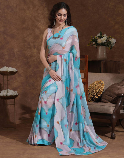 Beige Georgette Woven Printed Saree